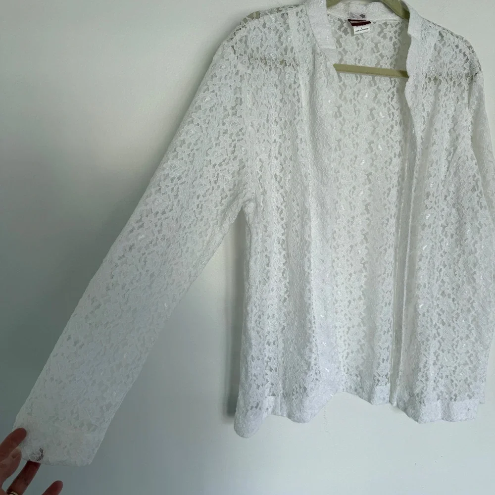 Vintage Tudor Court‎ White Floral Cut Out Open Cardigan Large Lagenlook Spring